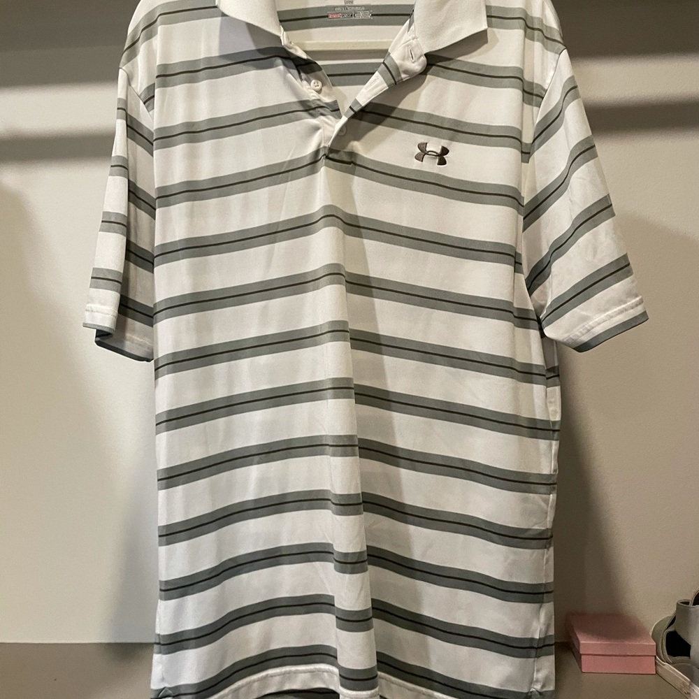 Under armour striped polo heat gear shirt white